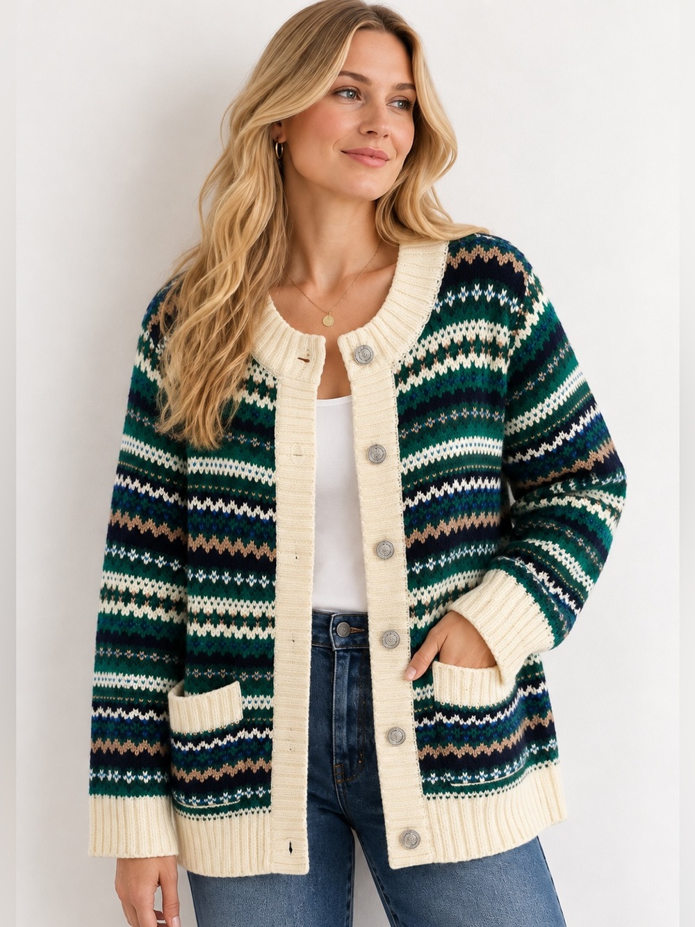 Talbots Plus 3X Fair Isle Metallic Knit Cardigan Green Cream